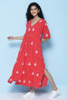 Red Cotton A Line Fusion Wear Dress image number 4