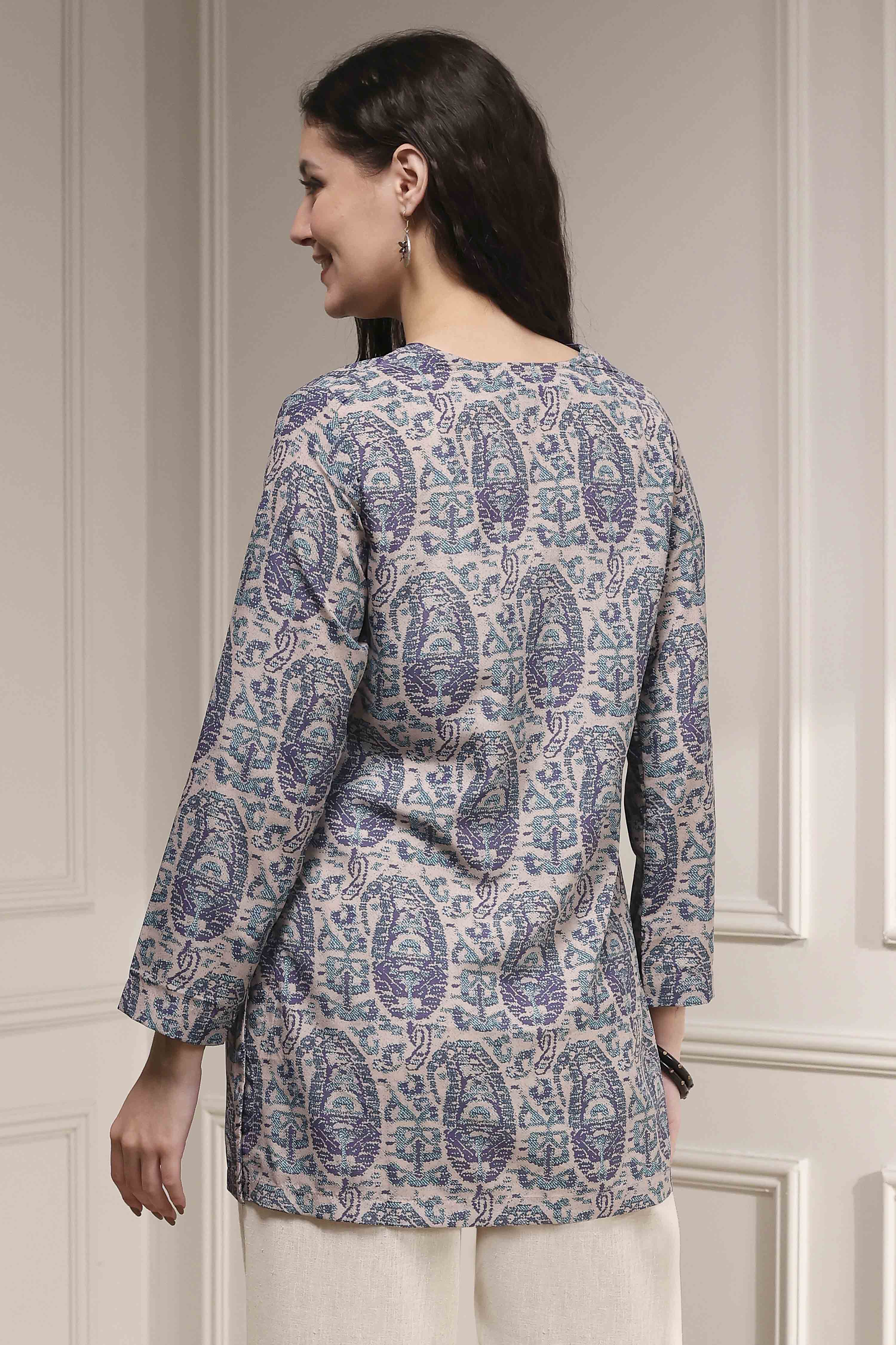 Off-White and Blue Printed Straight Short Kurta image number 3