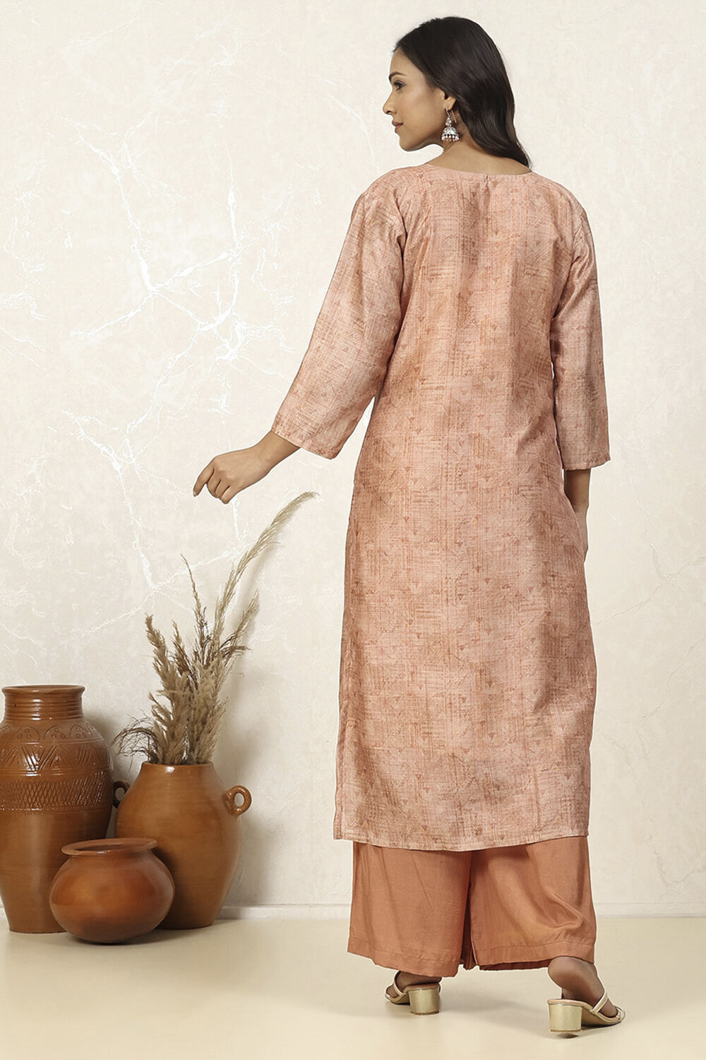 Peach Silk Blend Printed  Embroidered Unstitched Suit Set image number 5