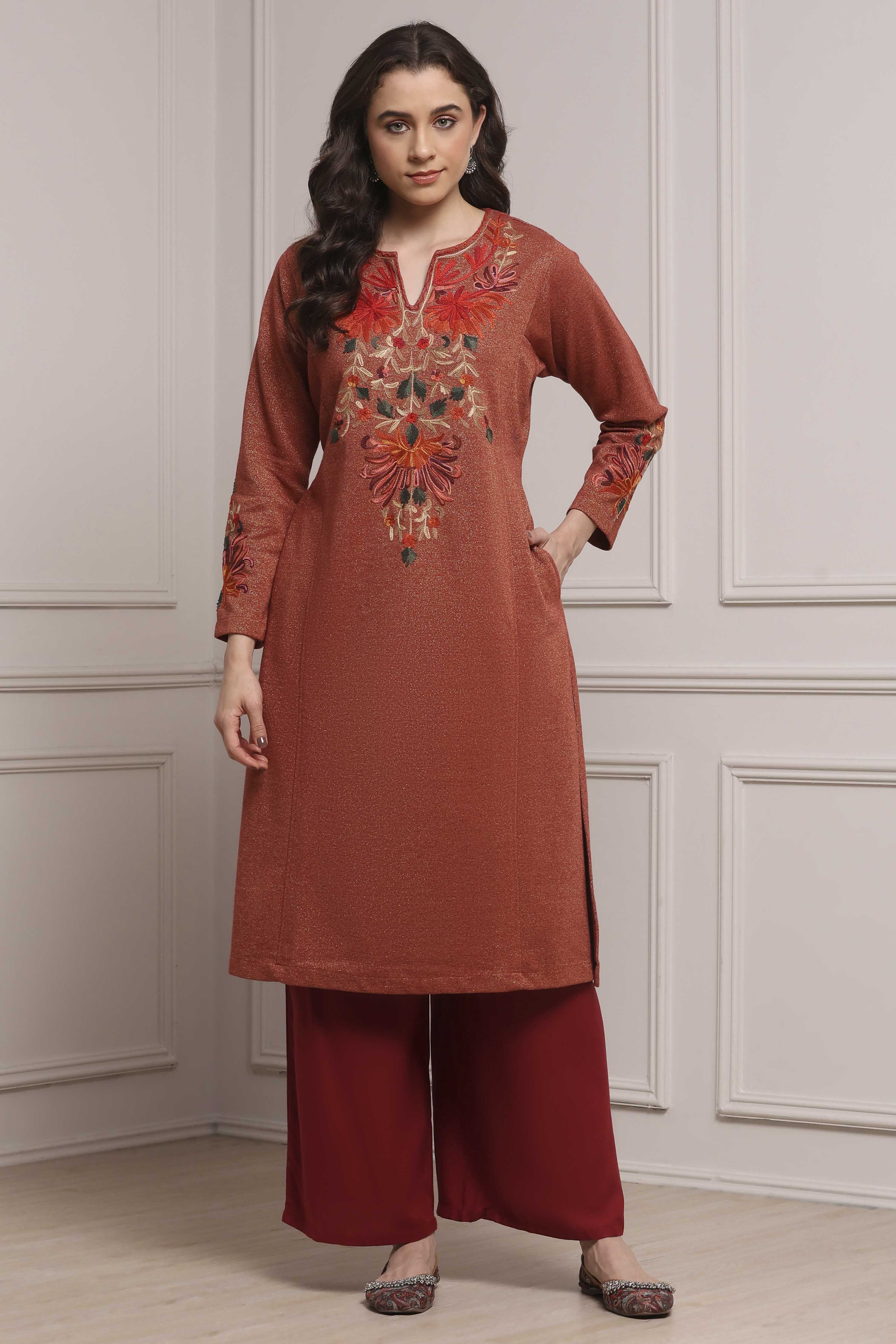 Rust Polyester Yarndyed Straight Kurta image number 5