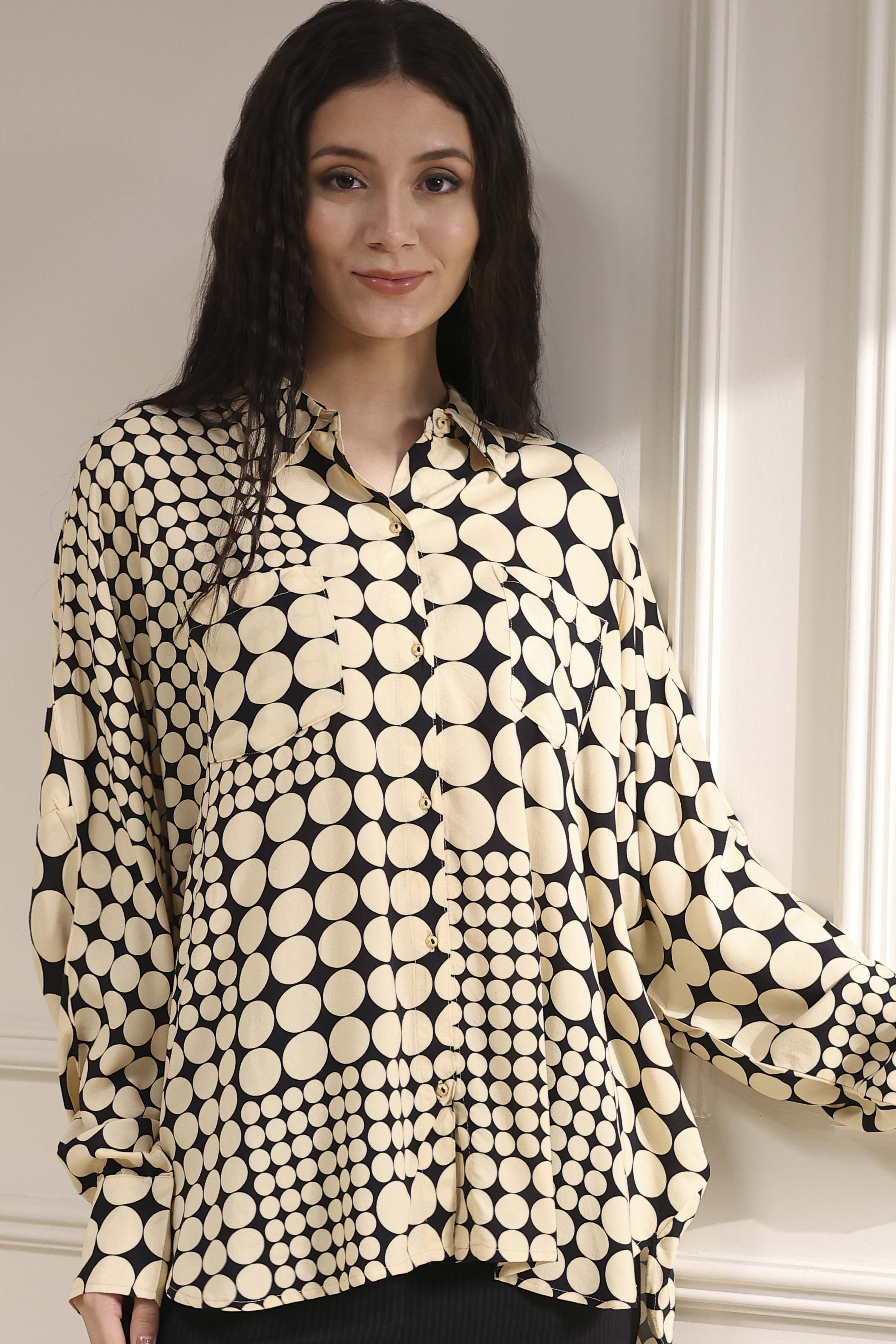 Ivory Viscose Asymmetric Printed Top image number 1