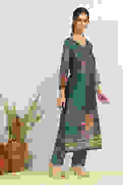 Blue Chanderi Floral Printed Unstitched Suit Set image number 3