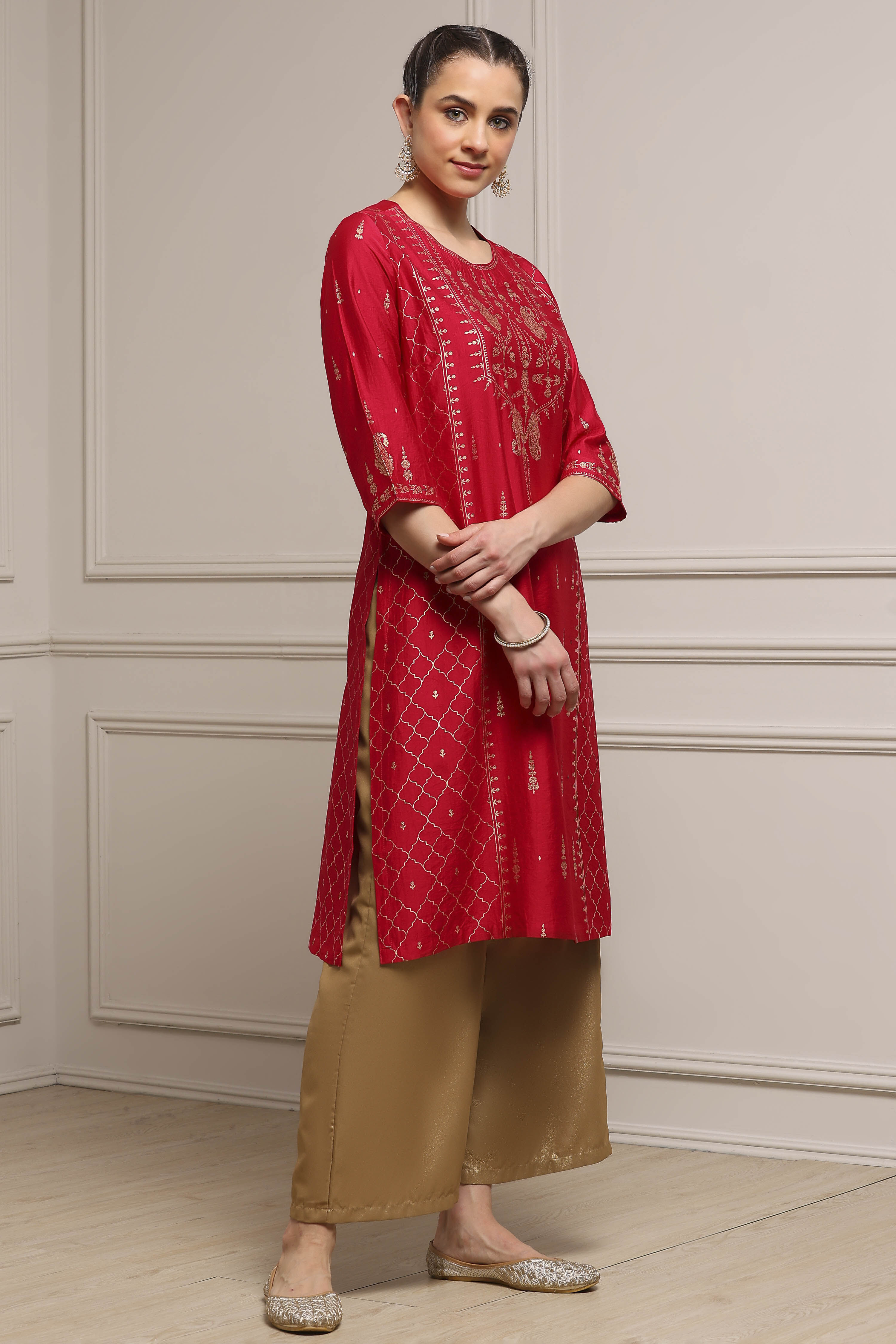 Red Art Silk Printed Straight Kurta image number 4