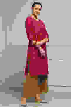 Red Art Silk Printed Straight Kurta image number 4