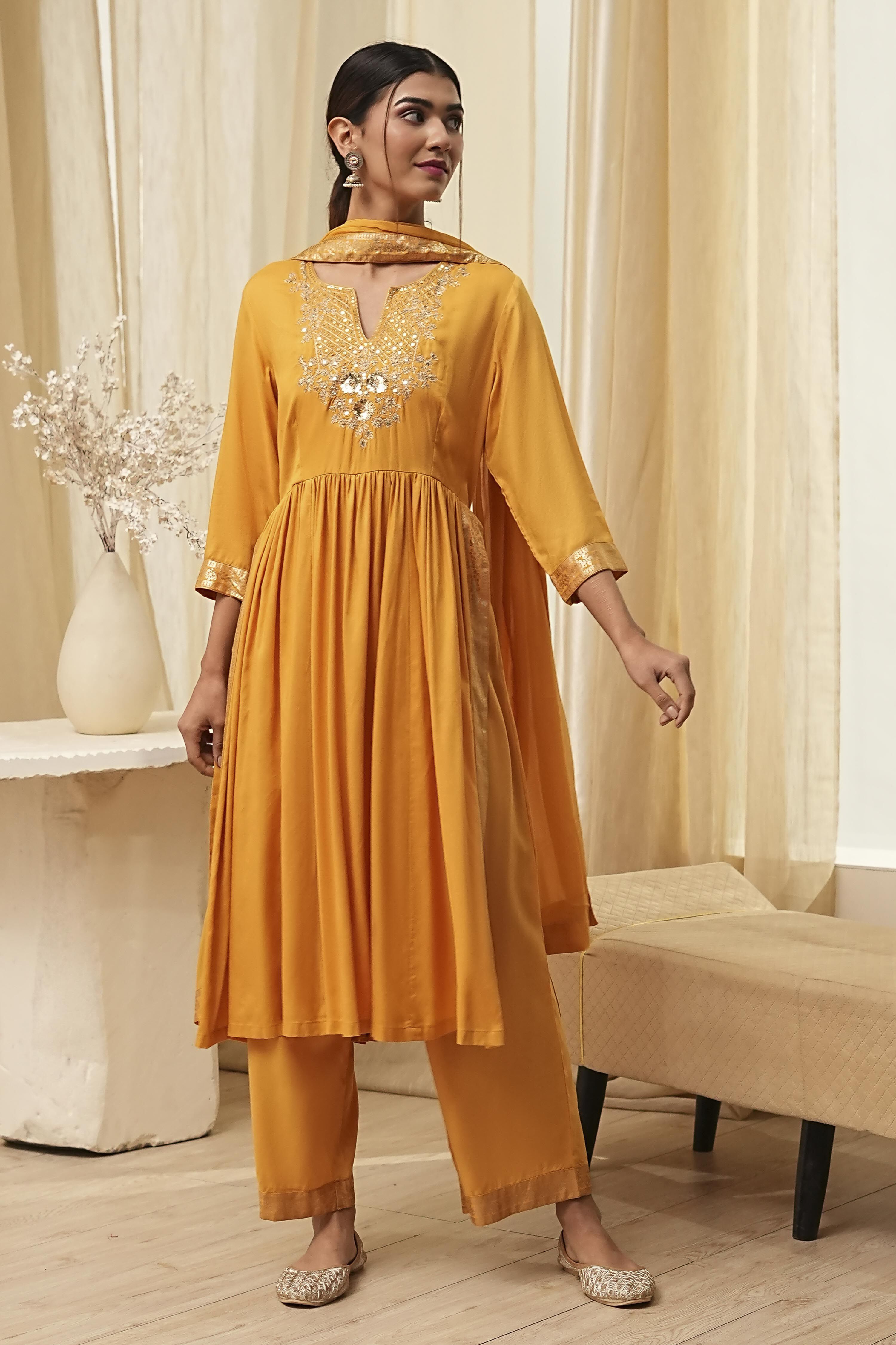 Ochre Yellow Viscose Embellished Gathered Suit Set image number 6