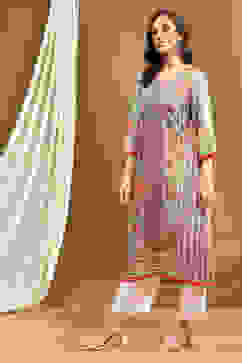 Purple Floral Printed Regular Fit Straight Kurta image number 2