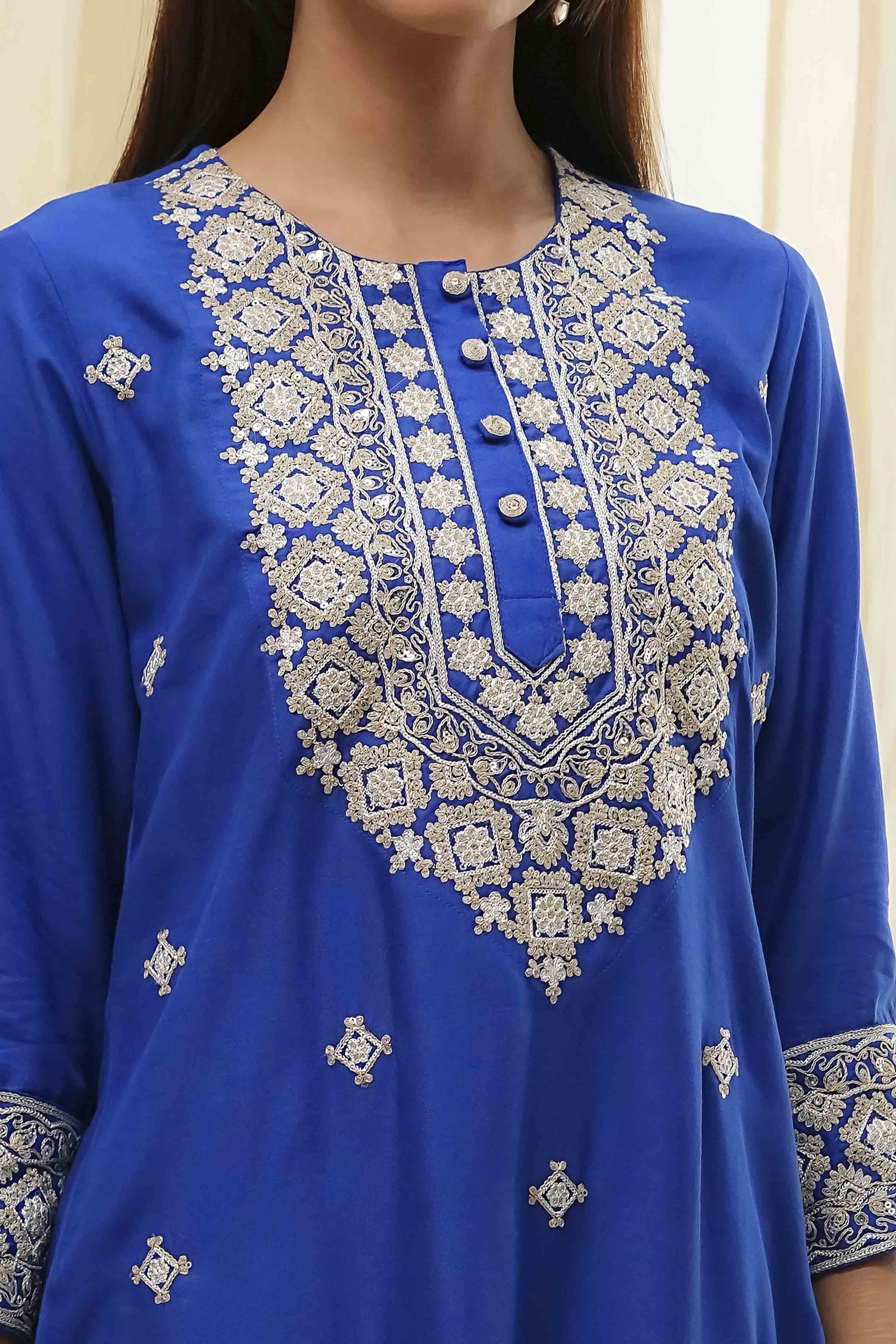 Blue Embroidered Straight Suit Set image number 1