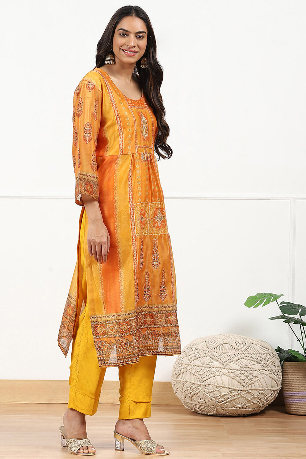 Mustard Yellow Chanderi Printed Unstitched Suit Set image number 6