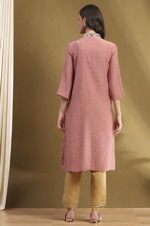 Mauve Crinkled Festive Straight Kurta image number 3