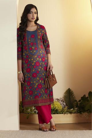 BIBA Cotton Printed Casual Straight Kurta Blue in Blue