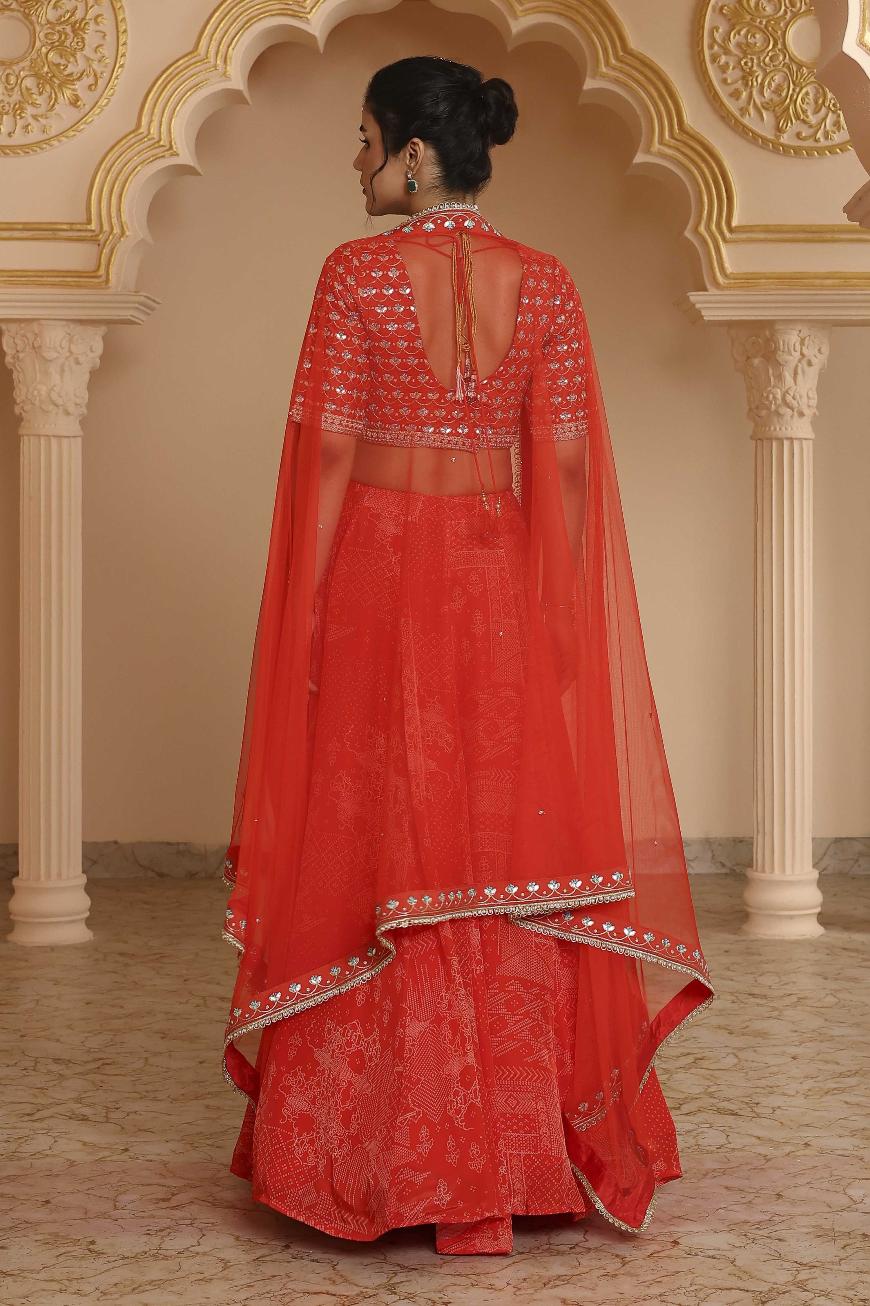 Red Chanderi Digital Printed Lehenga Set image number 6