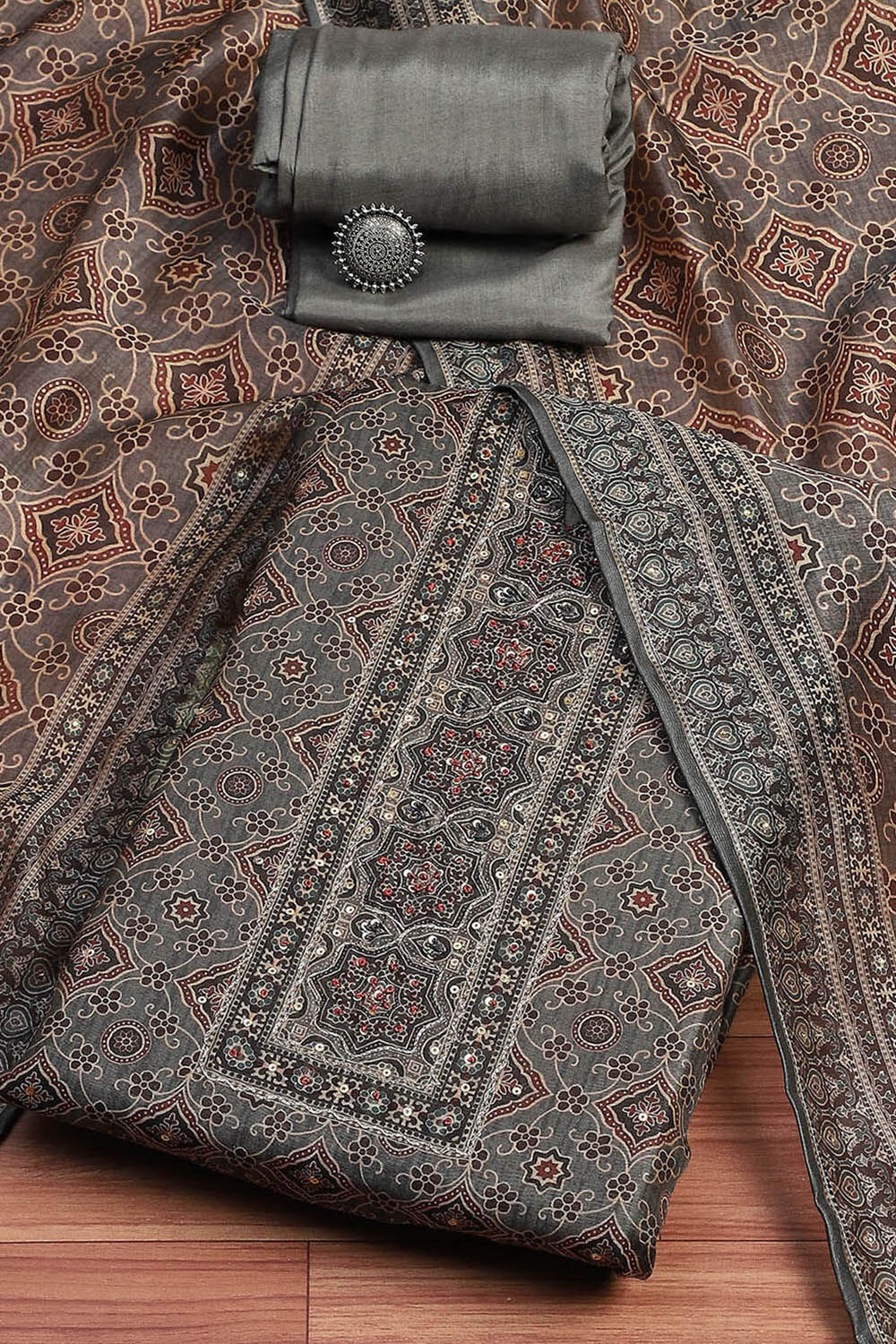 Mustard Yellow Chanderi Printed Unstitched Suit Set image number 0