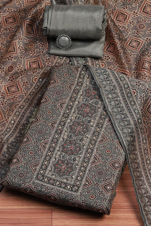 Mustard Yellow Chanderi Printed Unstitched Suit Set image number 0