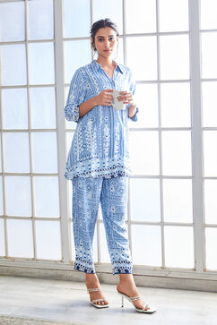 Blue Rayon Geometric Printed Straight Kurta Set image number 5