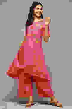 Pink Rayon Asymmetric Kurta Palazzo Suit Set image number 0
