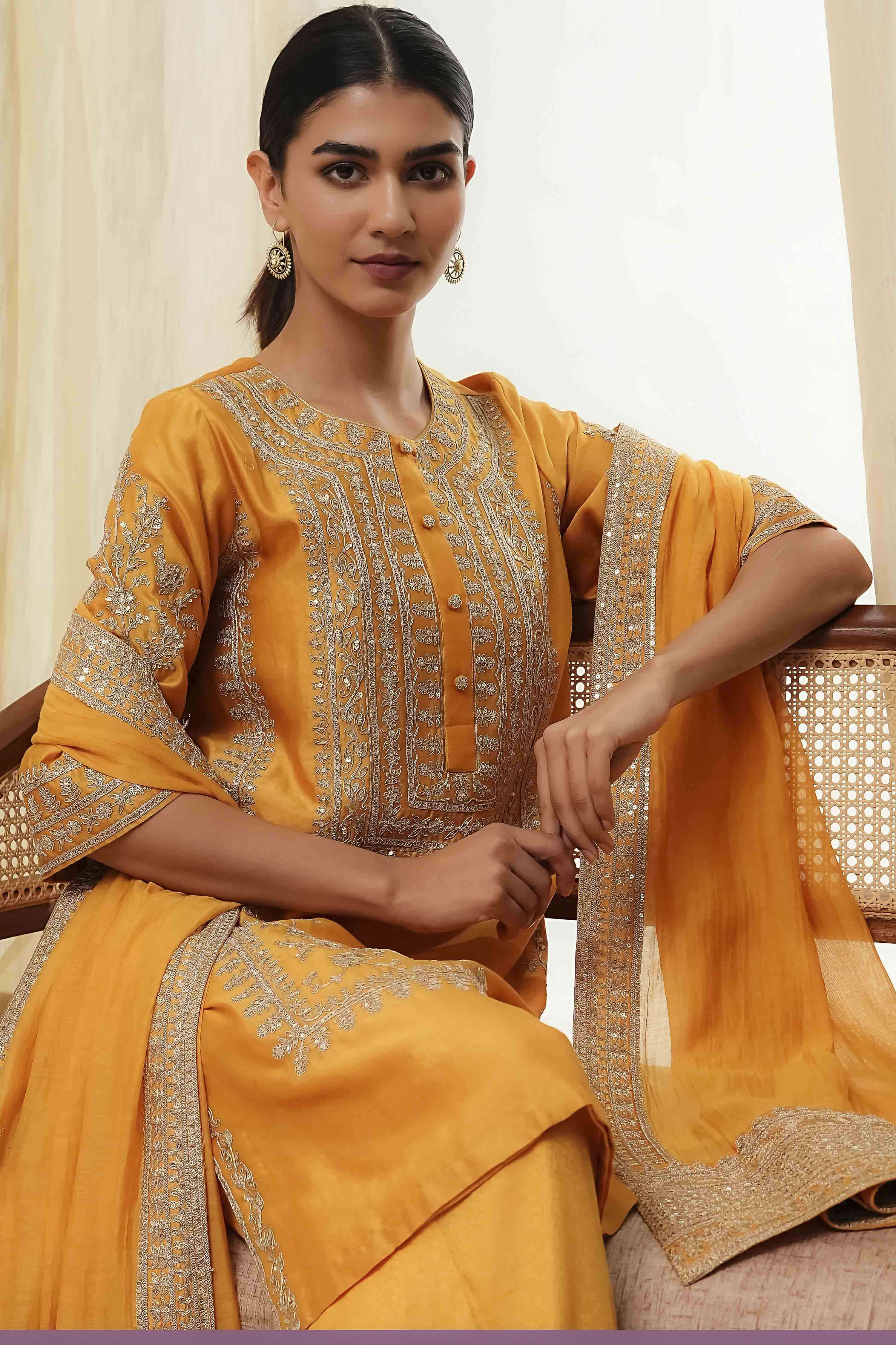 Ochre Yellow Cotton Silk Straight Suit Set image number 7