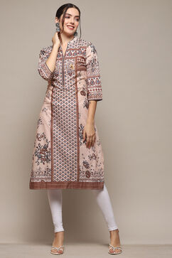 Beige Cotton Printed Straight Kurta image number 0