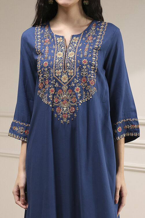 Navy Blue Embroidered Straight Suit Set image number 1