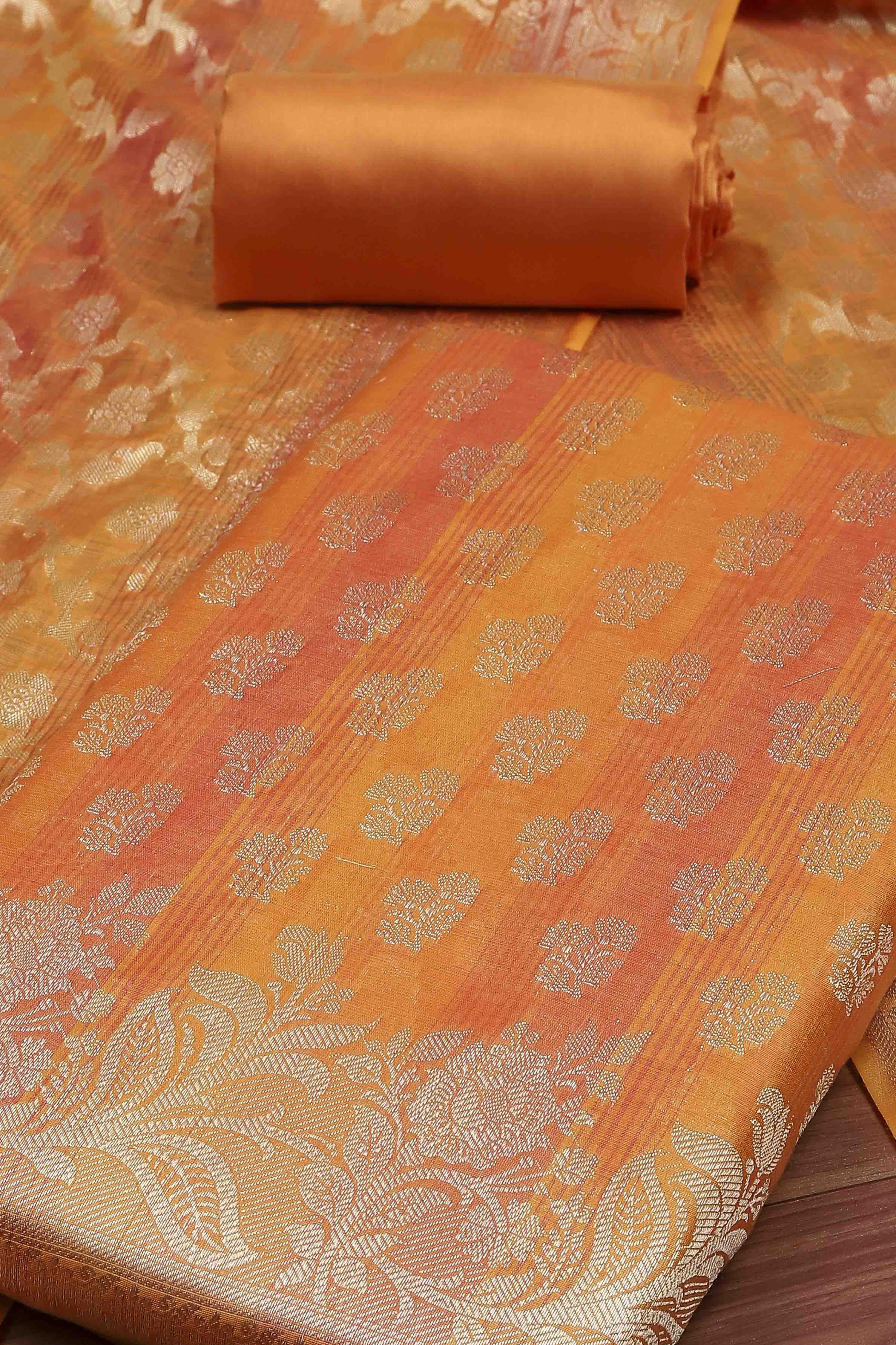 Rust Banarasi Chanderi Banarasi Print Unstitched Suit Set image number 1