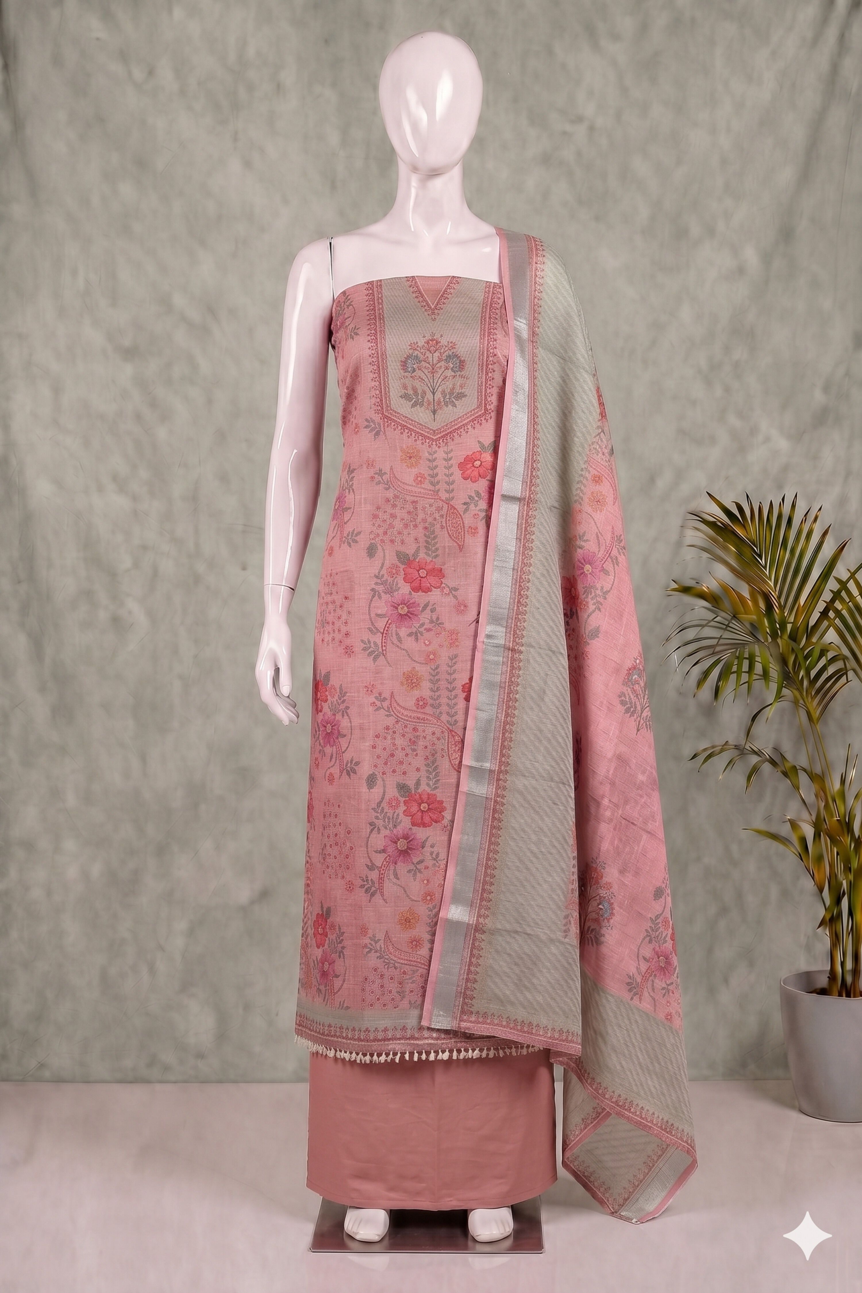 Peach Linen Floral Print With Handwork Unstitched Suit Set image number 4