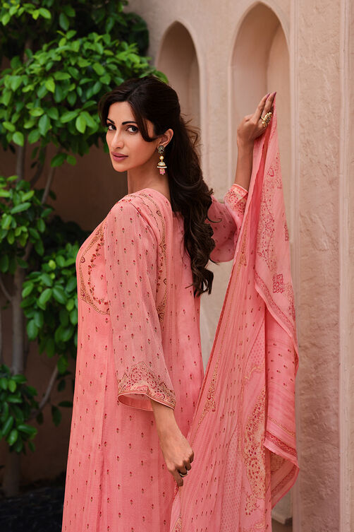Mustard Cotton Blend Machine Embroidered Unstitched Suit Set image number 2