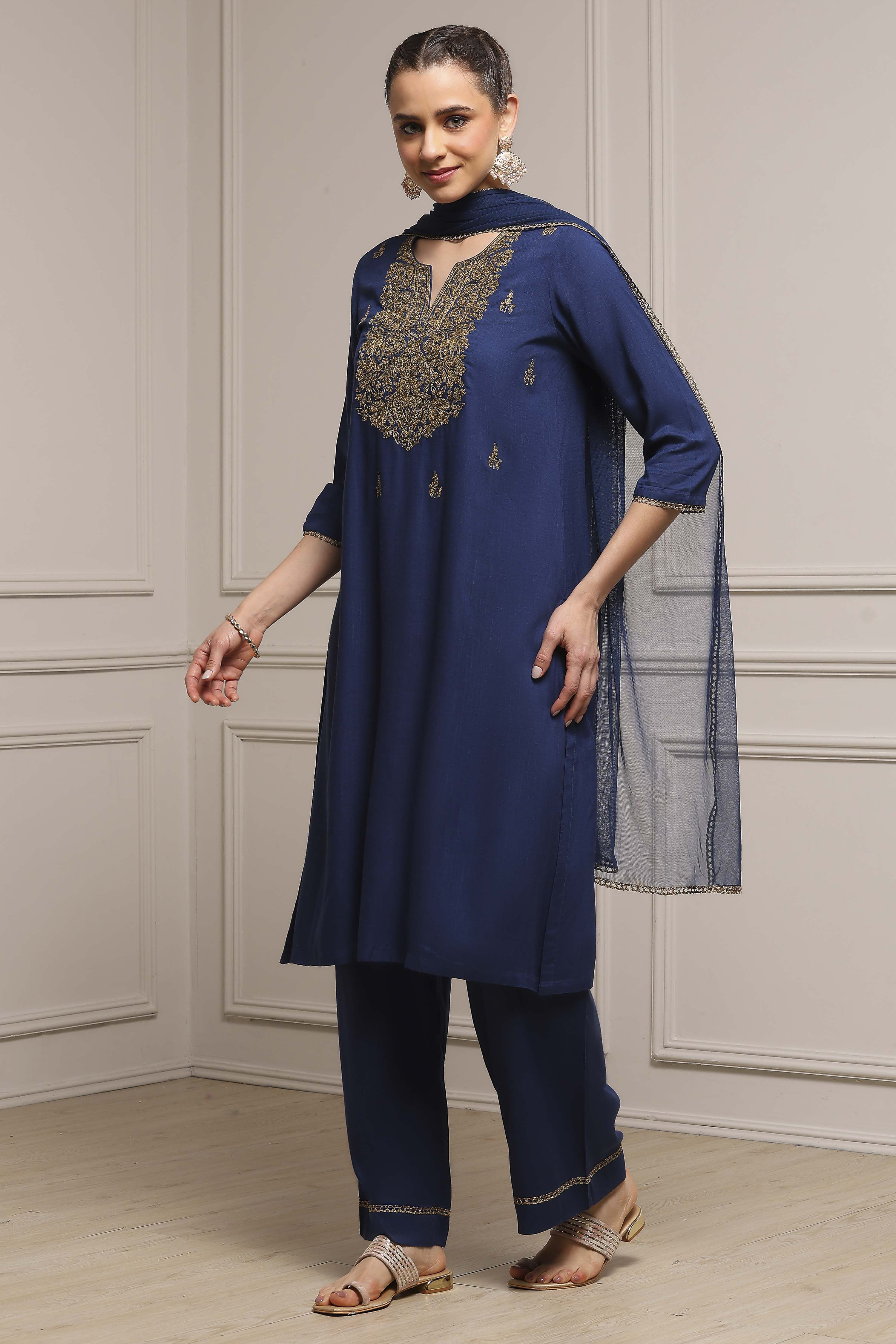 Blue Viscose Rayon Straight Solid Suit Set image number 3