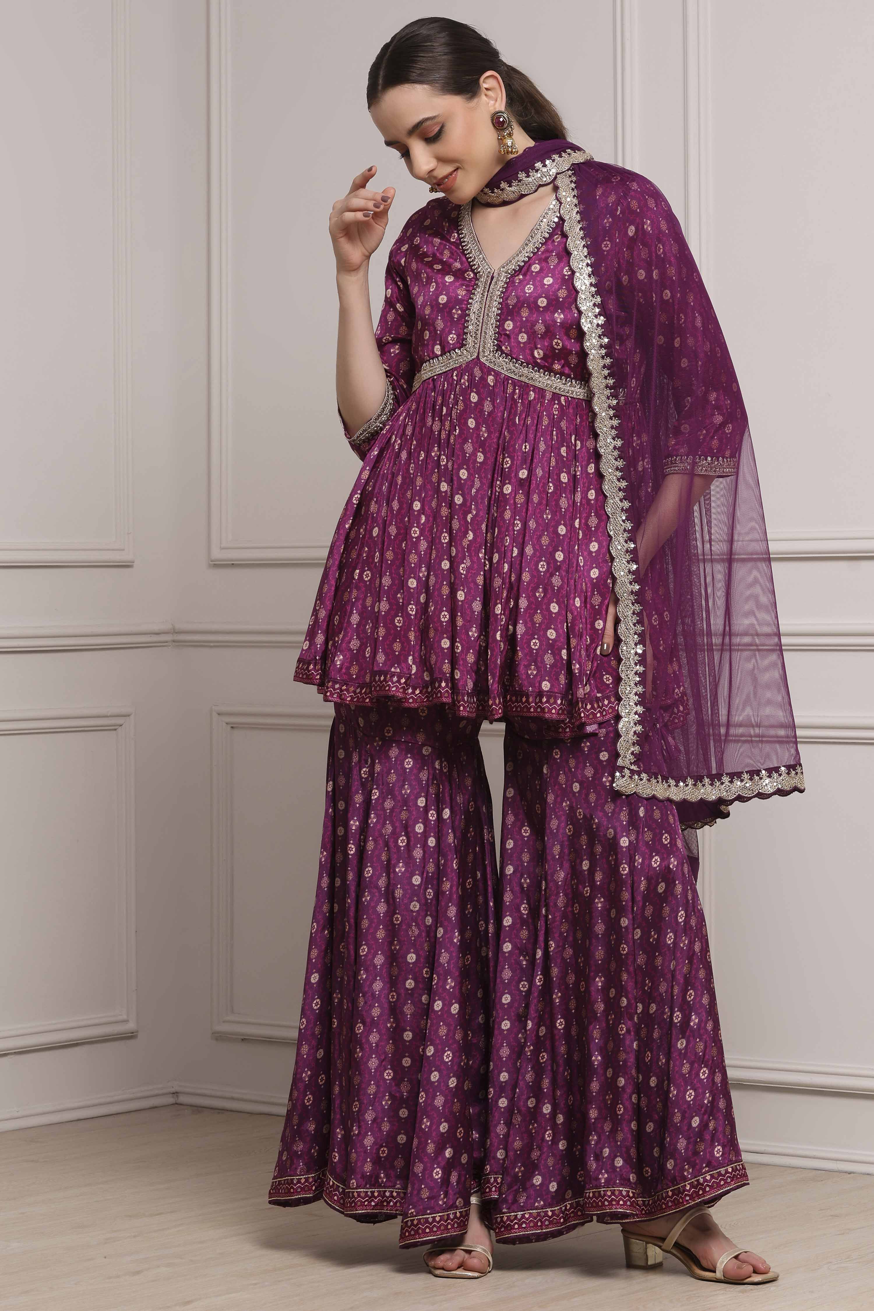 Purple Viscose Rayon Printed Peplum Fusion Set image number 0