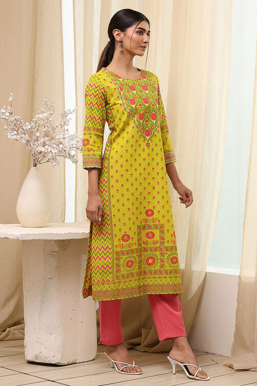 Green Cotton Printed Straight Kurta image number 4