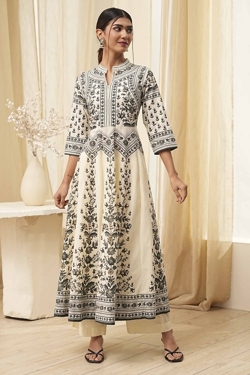 White and Black Cotton Printed Anarkali Kurta Set image number 6