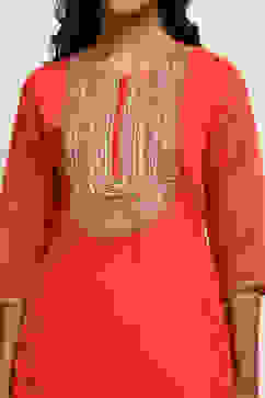 Orange Embroidered Festive Straight Suit Set image number 1