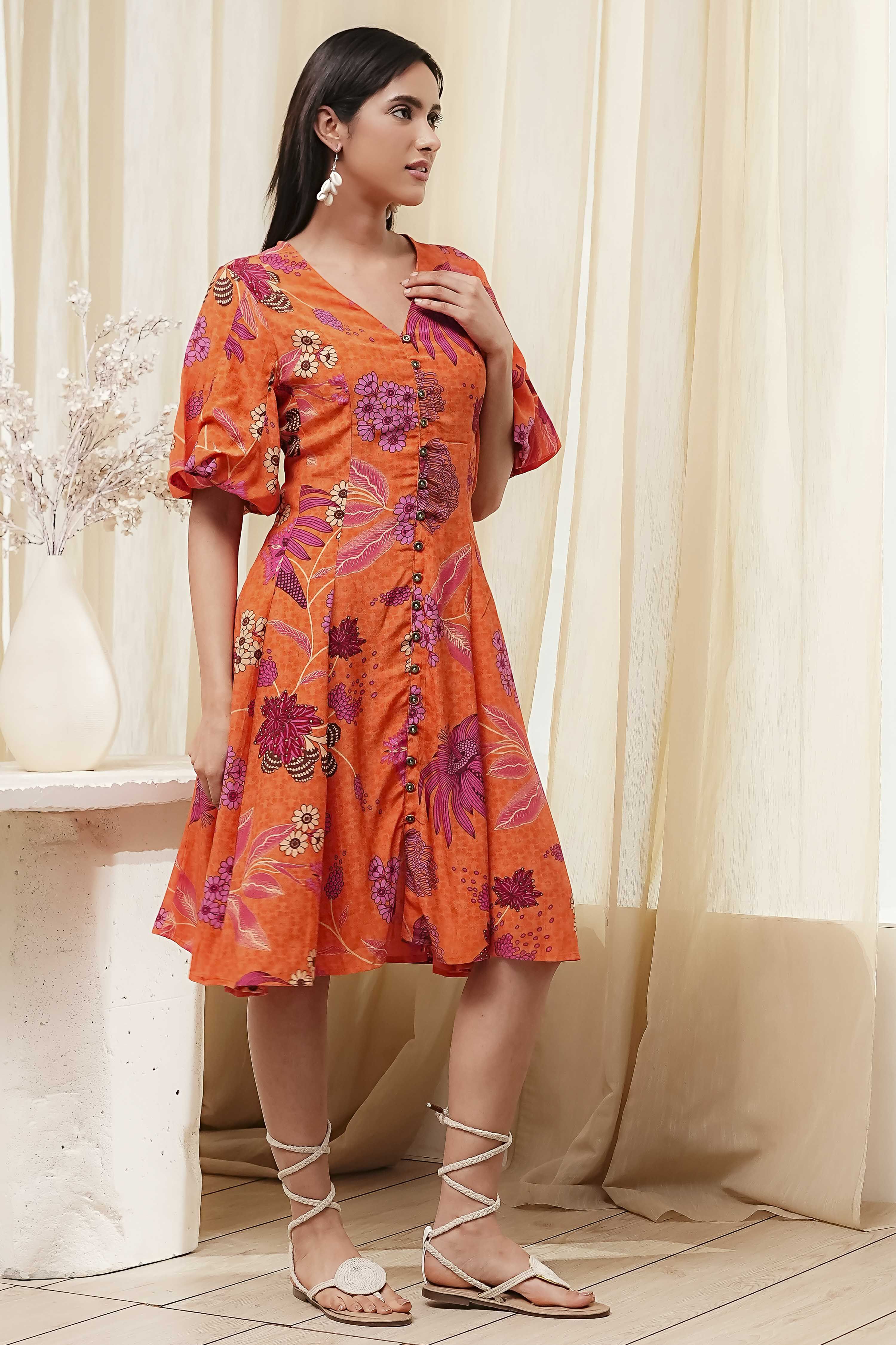 Orange Floral Printed Flared Dress image number 4