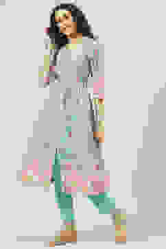 Green & Turquoise Printed Cotton Gathered Suit Set image number 3