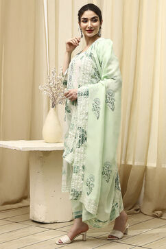 Green Cotton Printed Floral Unstitched Suit Set image number 4