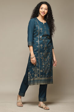 Teal Rayon Straight Kurta Pants 2 Piece Set image number 5