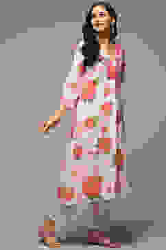White & Pink Cotton Gathered Kurta Pants Suit Set image number 5