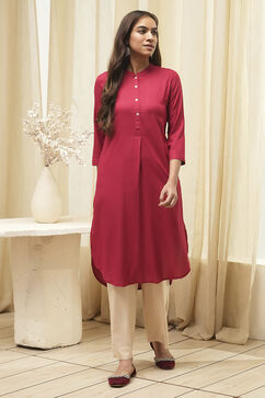Cherry Red Rayon Straight Kurta Palazzo Suit Set image number 4