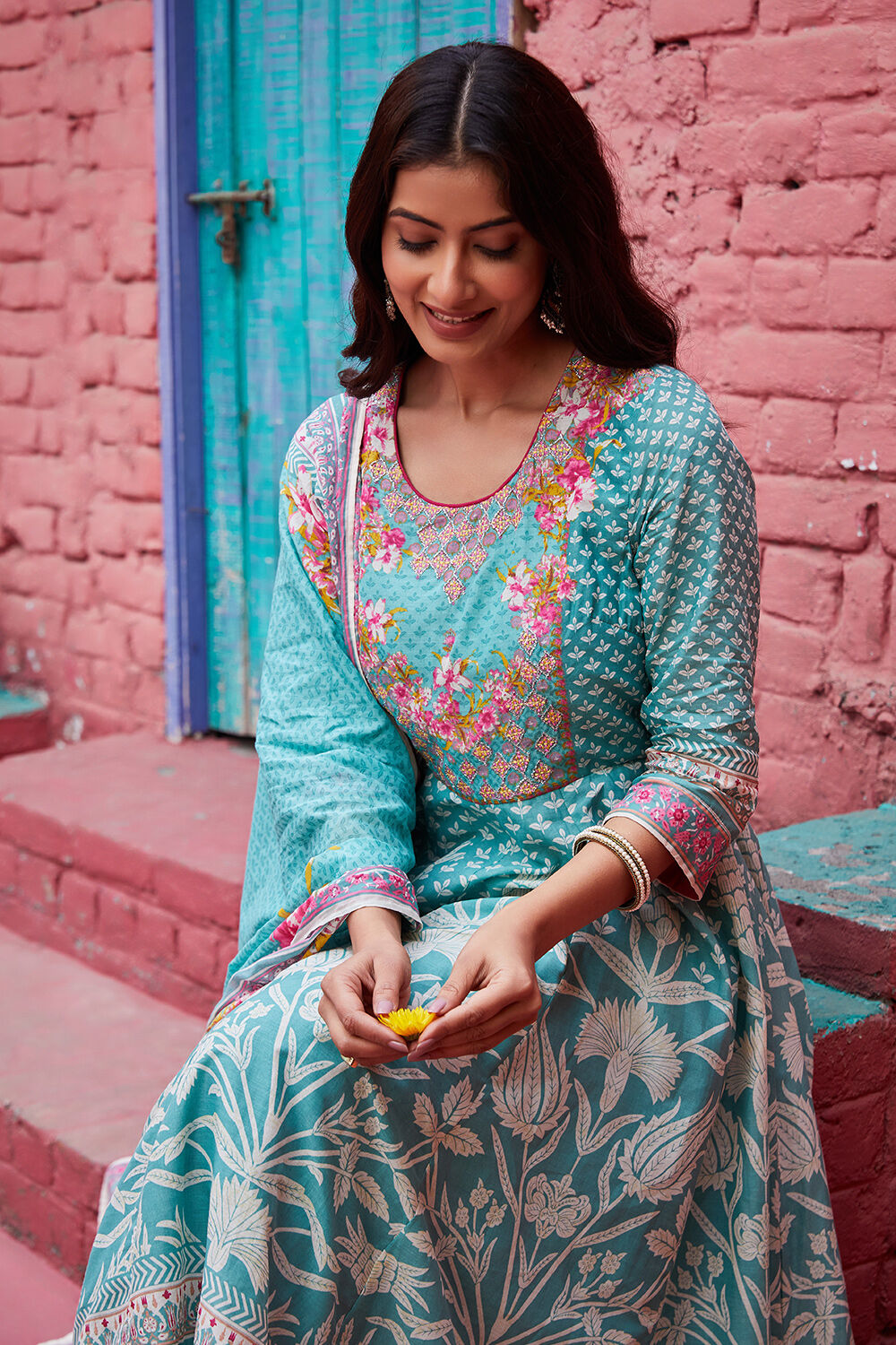 Coral Cotton Anarkali Suit Set image number 1