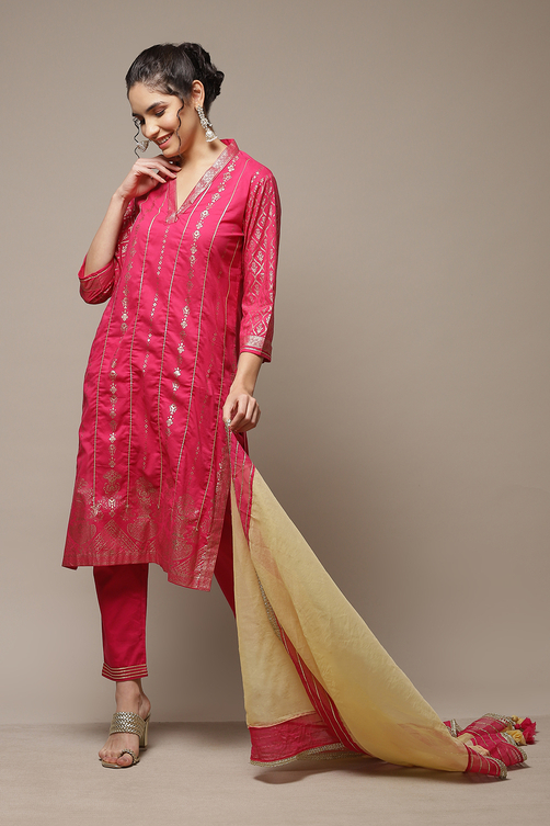 Fuchsia Cotton Straight Kurta Pants Suit Set image number 0