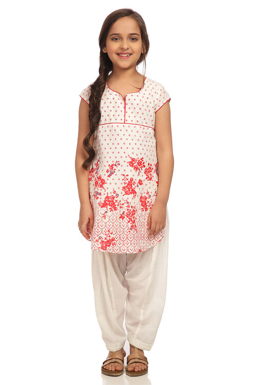 Off White And Red Straight Cotton Kurta Salwar Suit Set image number 2