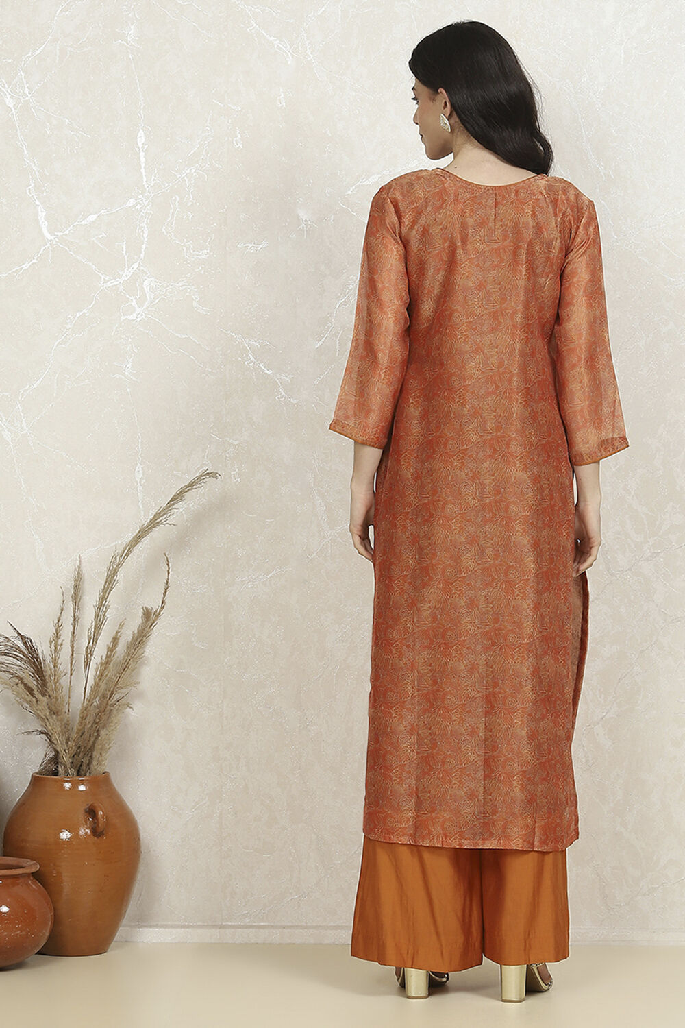 Orange Chanderi Unstitched Suit Set image number 5