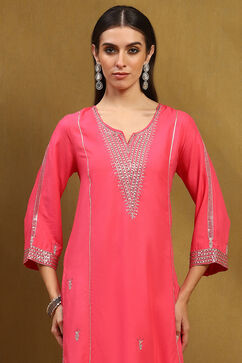 Pink Embroidered Straight Suit Set image number 1
