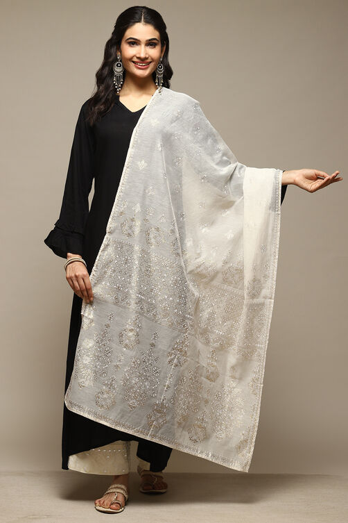 Off White Cotton Blend Printed Dupatta image number 0