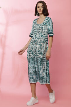 Green A-Line Rayon Printed Dress image number 4