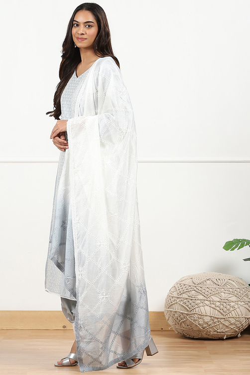 Grey Silk Blend Machine Embroidered Unstitched Suit Set image number 5