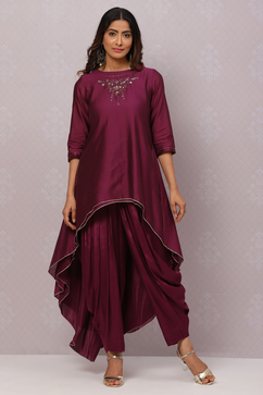 Deep Purple Flared Cotton Silk Fusion Wear 2 Piece Set image number 3