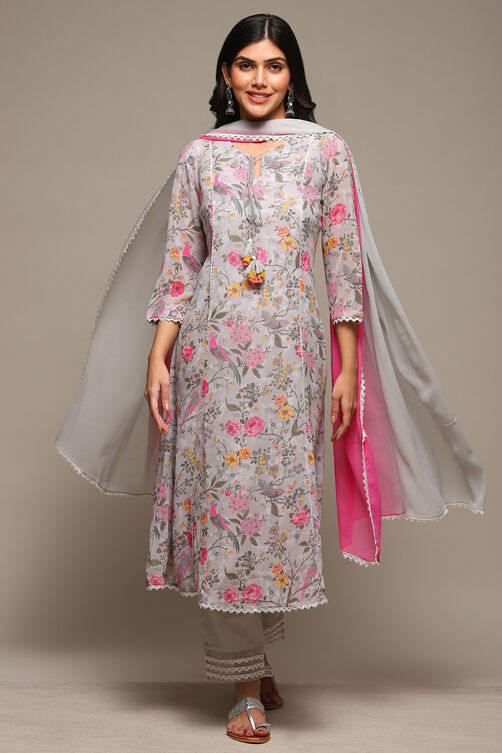Grey Cotton Blend Kalidar Kurta Pants Suit Set image number 7