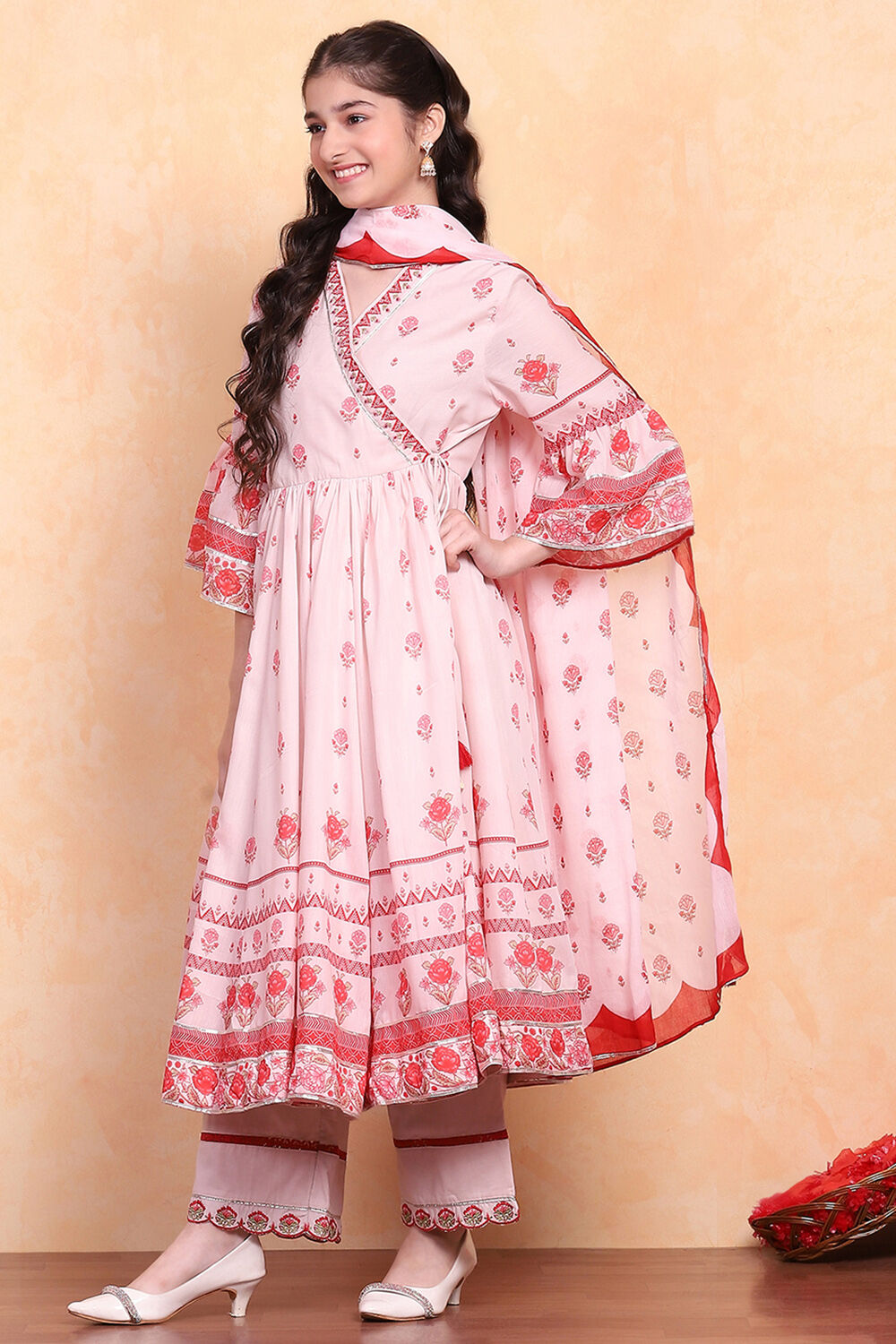 Pastel Pink Printed Angrakha Gathered Suit Set image number 3