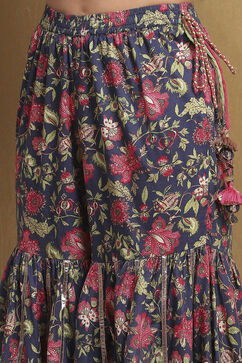 Navy Blue Viscose Floral Peplum Suit Set image number 2