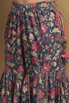 Navy Blue Viscose Floral Peplum Suit Set image number 2