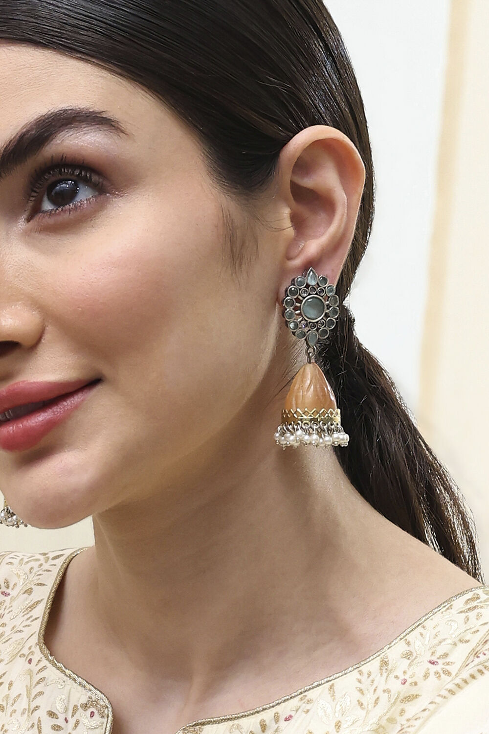 Mint Green Brass Jhumka image number 1